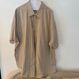 Van Heusen Studio 3XL No Iron Beige Blue Check Short Sleeve Button Down Shirt